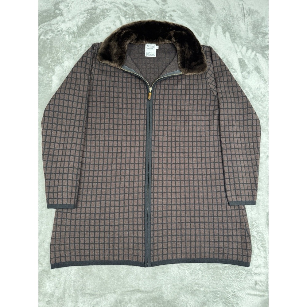 Vintage Mimi Maternity 100% Wool‎ Zip Jacket Womens Small S Brown Plaid Faux Fur